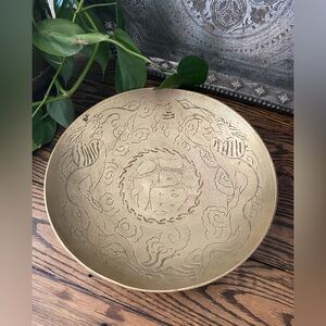 Antique Chinese Brass Dragon Bowl Dish Heavy Etched Brass 12” Vintage Brass